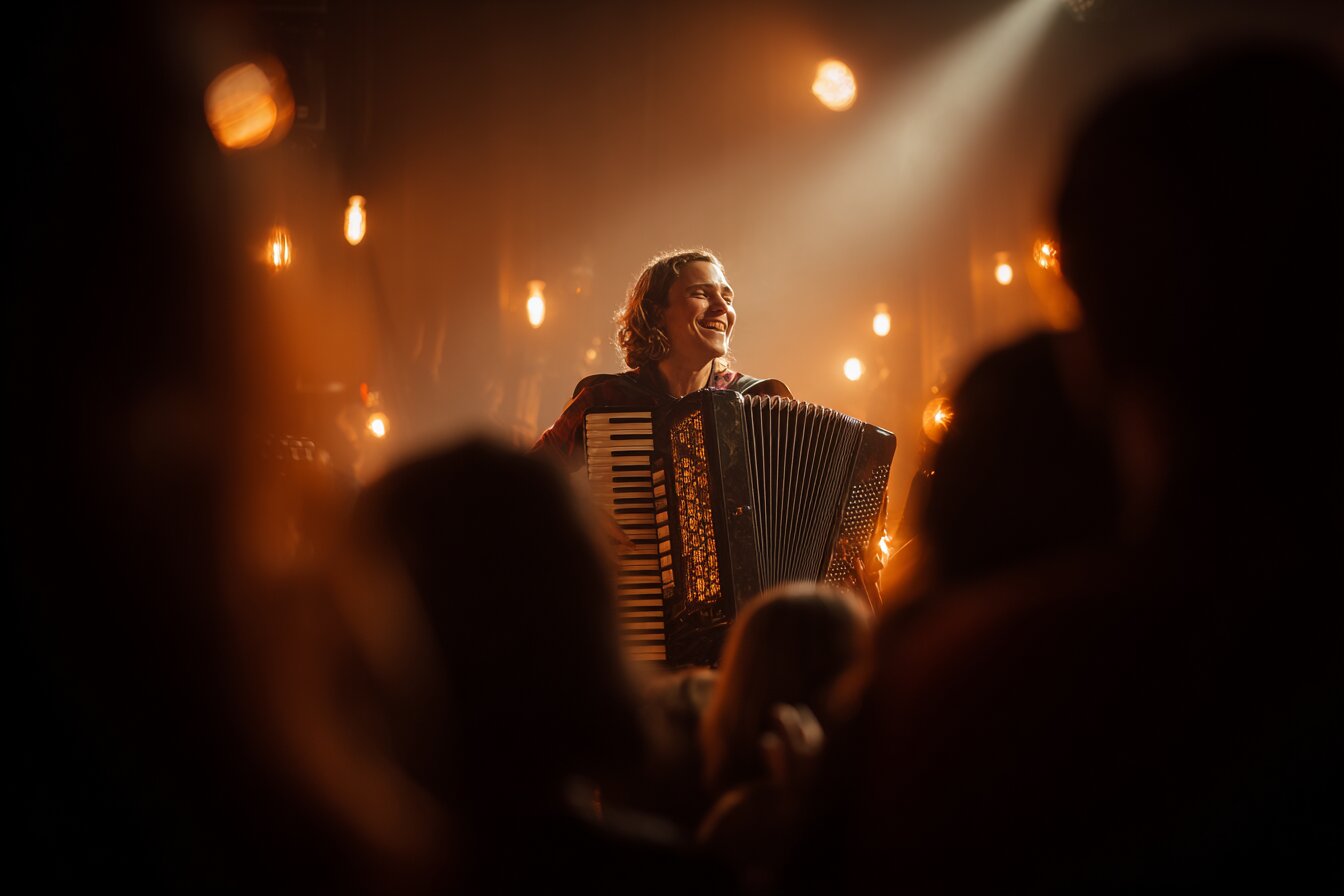 Accordéoniste se produisant devant un public dans une atmosphère chaleureuse