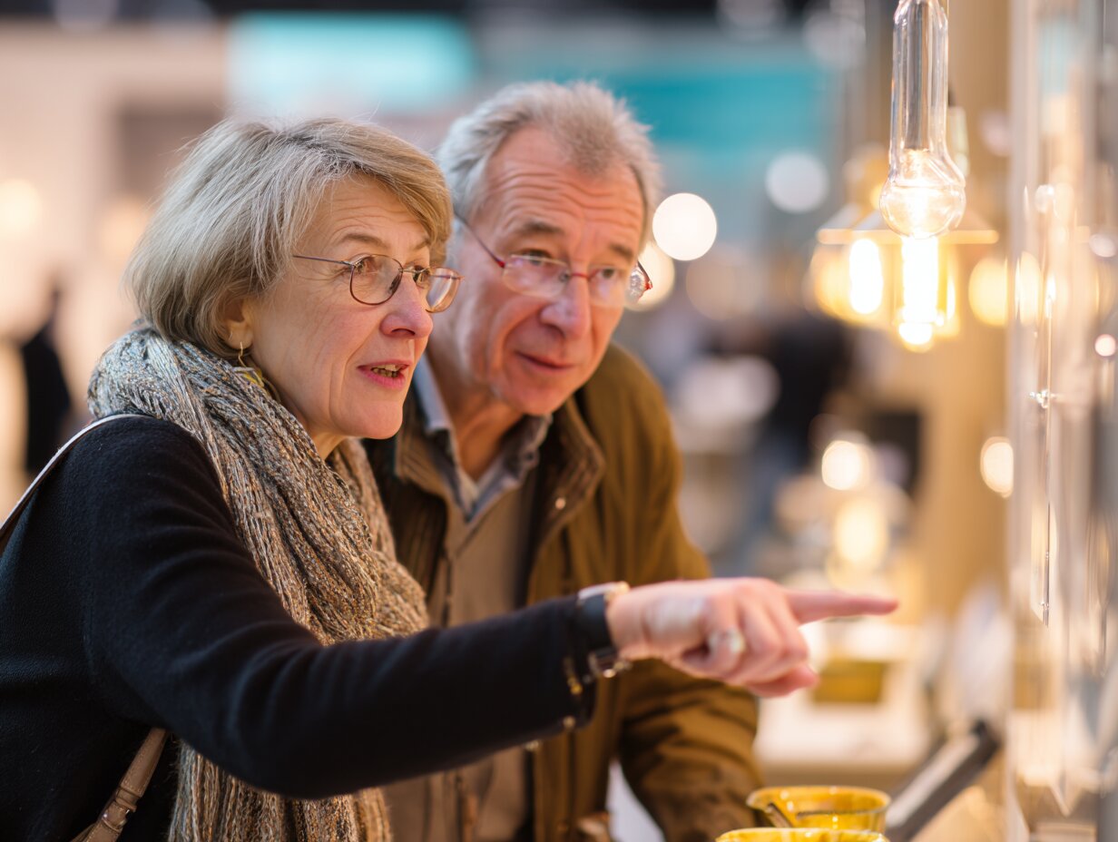 Couple de seniors observant un stand lors d'un salon professionnel